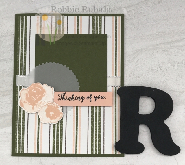 A simple card using some striped paper. Here is a 10 Minute Creation for a Thinking Of You With Magnolia Lane dsp. See the video for all the details.