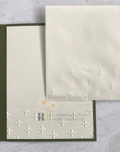 A retired embossing folder was used to decorate the inside of the card and envelope. Don't miss how I used this folder to create the Brightly Gleamins Stars creation.