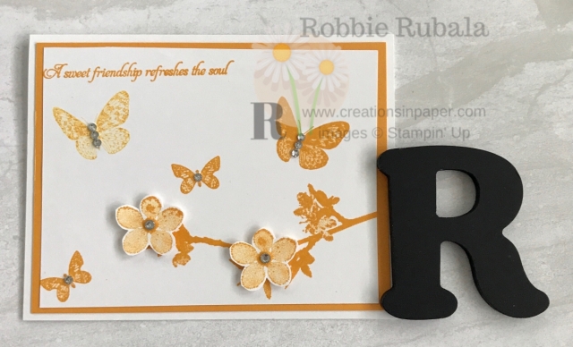 Using one color is a great way to create with minimal supplies. The Stampin' Up Butterfly Wishes Sweet Friendship creation is an idea you could easily do in any color.