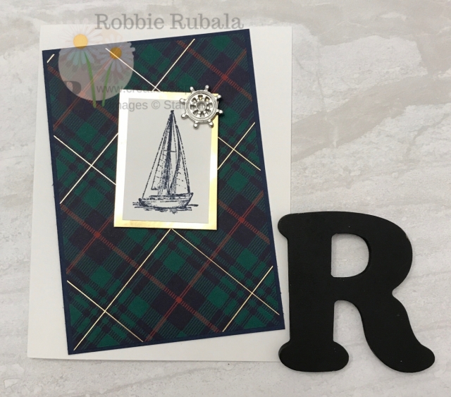 A simple masculine card that uses the plaid paper again. Look at this Wrapped in Plaid Sailing Home guy idea.