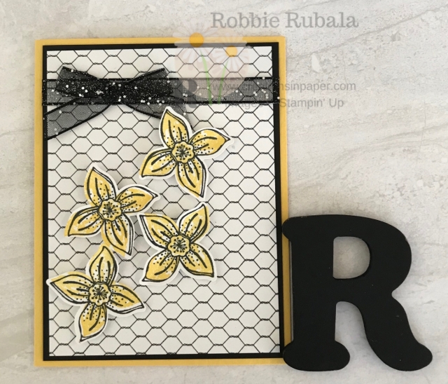 This card is a quick make. The flowers are colored with one of the stamps in the set. Don't miss the Wired Four Petal Flower creation.