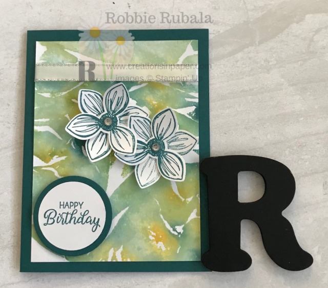 The fun background was made using the card stock to dry some colored tissue paper. This Happy Birthday in Pretty Peacock was easy with the panel already created. The fun background was made using the card stock to dry some colored tissue paper. This Happy Birthday in Pretty Peacock was easy with the panel already created.