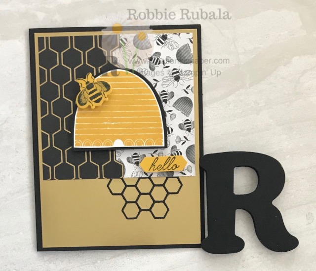 Isn't this a cute bee card? Do you like the honeycomb element peeking out of the bottom as well as the cut edge of the black and gold designer series paper? Check out the details for the Bee Hello Sketch Idea.