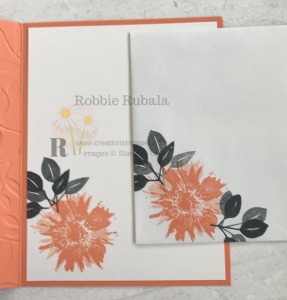 I used a retired set for the image for the inside of card and envelope. To see which set it goes with check out my Positive Thoughts in Grapefruit Grove creation.