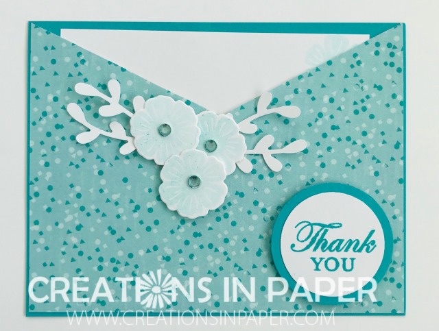 This is an easy pocket card. It uses a quarter piece of designer series paper. Get all the ideas for the Birthday Bonanza Thank You card so you can make one of your own.