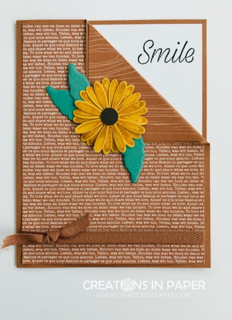 Isn't this an adorable Black Eyed Susan fancy fold? It is so easy to make also. Get all the details for cutting and folding by watching the video for the Cinnamon Cider Daisy Smile card.