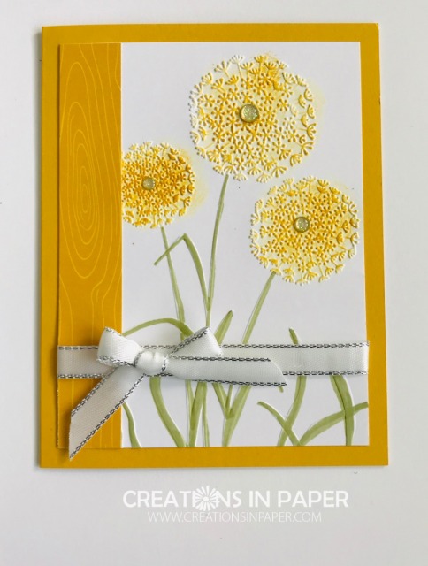  Do you remember blowing dandelions as a child? These are the best kind as it uses an embossing folder. Check out my Crushed Curry Regals Patterned Paper Stack for a pretty dandelion card.