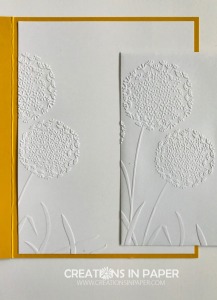 This is a great embossing folder. Perfect for decorating a card front or the inside or envelope. See how I used this embossing folder to make the Crushed Curry Regals patterned Paper Stack card.