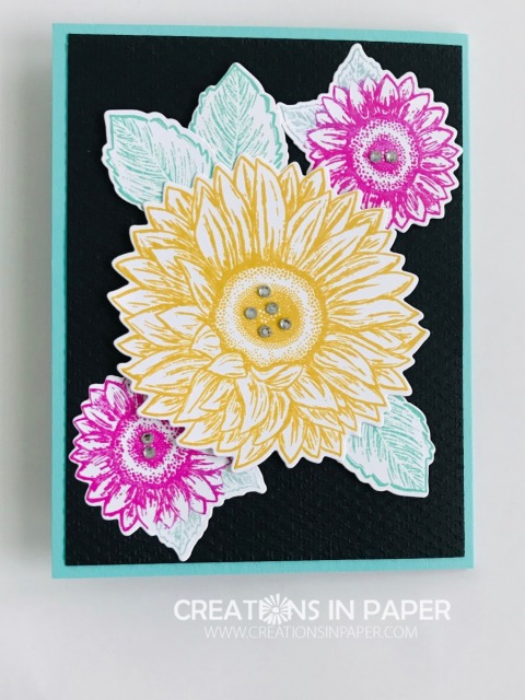Don't you love these bright cheery flowers? I love the colors for a fun look at these Colorful Sunflowers For You card. Don't miss the details!