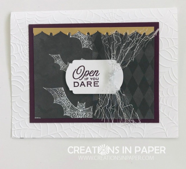 The Open if You Dare from Stampin' Up uses 2 pieces of designer series paper for the card front. The gold foil element is an off cut from a die. Watch the video to see what die I used.