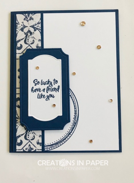 Layering dies is a great way to extend your supplies. The In Good Taste Lucky Friend card uses that idea for the sentiment layer. Great way to create a clean and simple card.