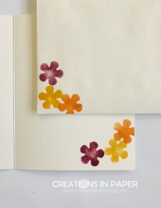 These cute flowers were made using a stencil created using a punch. Check out the Small Bloom Punch Clean and Simple Idea to see the card front.