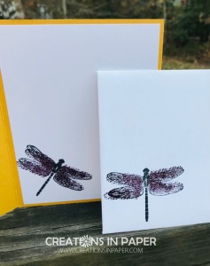 Check out this fun dragonfly! It is from the new Dragonfly Garden bundle. Those wings are colored using a stamp from the set. Check out the Stampin' Up's New Dandy Garden suite and make your list to order in January.