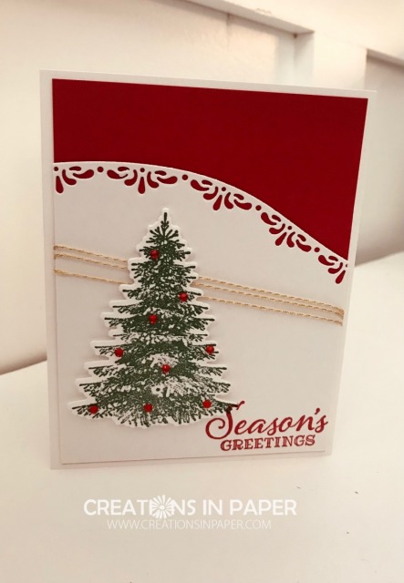 This is a very elegant Christmas Card. Using a great tree stamp and combining it with a edge die makes for an easy card. Check out the Winter Woods Christmas Card idea for an elegant card.