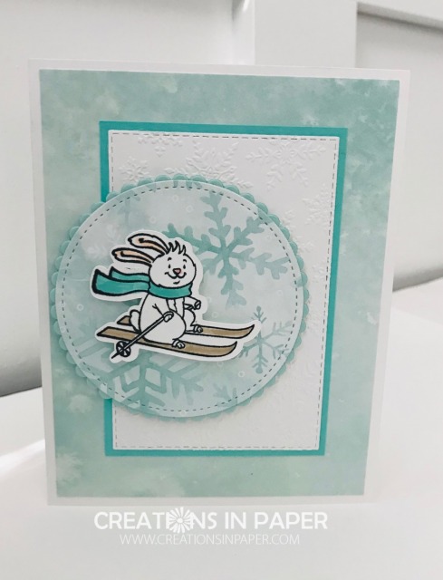 Isn't this skiing bunny so cute? He is so fun to play with and makes a great card. Check out the video for the Freezin' Fun Stamp Set!