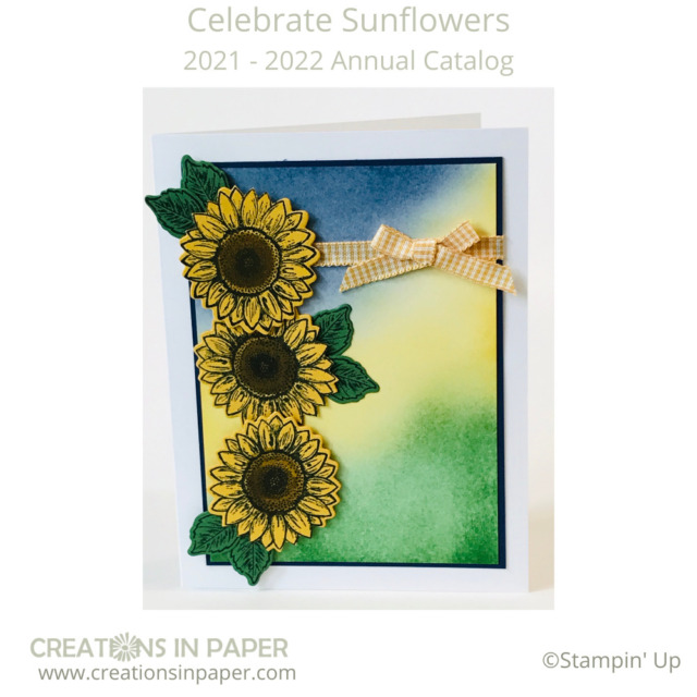 Don't you love using ink to create a background scene.  Check out the Blending Ink on this card that created a scene of ground/grass, sun rising, and the sky.  Perfect background for these sunflowers!