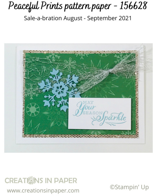 Would you think of using green for a snowflake card?  This idea uses the Peaceful Prints pattern paper to make the Handmade Snowflake Christmas Card.  Don't miss all the sparkle ideas for this creation.