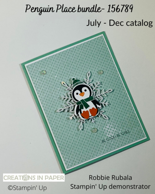 Isn't that penguin so cute sitting on top of that snowflake?  This is a quick and easy Stampin' Up Penguin Place Be Cool card and perfect for any age group.  Get all the details on  my blog.