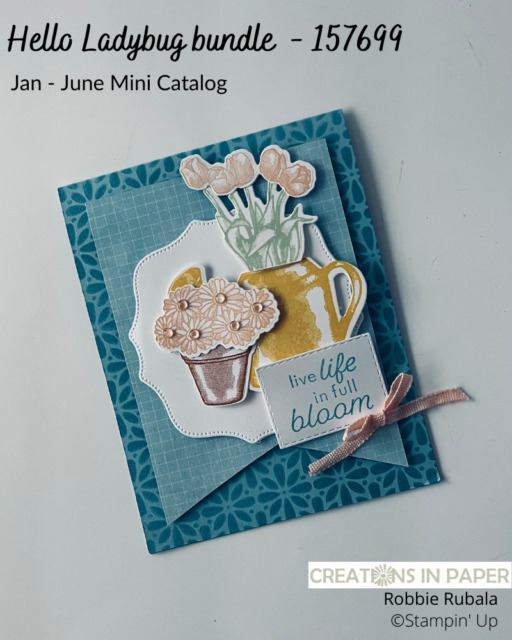 Look at that fun background!  It was made using the Butterflies and Flowers decorative mask.  Make sure you get all the details for the Stampin' Up Flowering Rain Boots Live Life card and place your order to make this card!