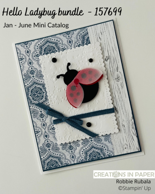 Look at all the texture on this card between the pattern paper and the embossing.  That cute ladybug punch makes it easy to make the ladybug.  Check out the Stampin' Up Hello Ladybug with Misty Moonlight card and order the supplies to make your version.