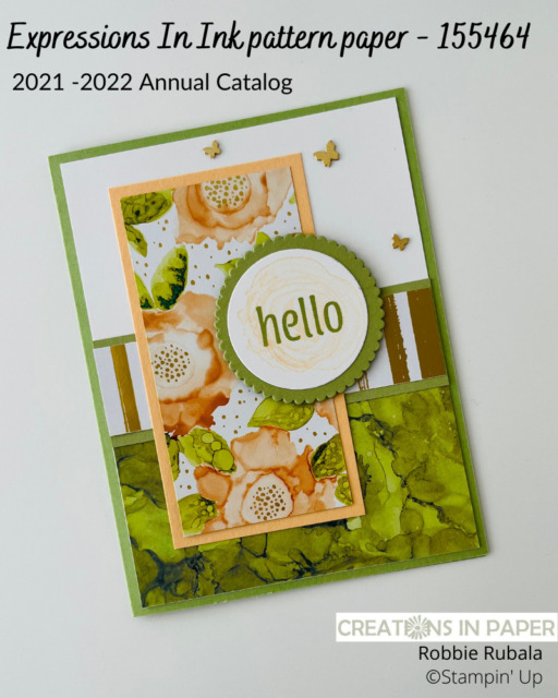 Check out how these pattern papers all coordinate and create the Stampin' Up Expressions In Ink Hello card.  Don't miss the details for this layout.
