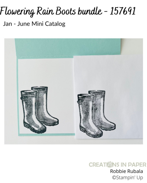 These boots are so fun.  I love making them shiny like the wellies you can wear in the garden.  The Stampin' Up Flowering Rain Boots Rain or Shine card is to cute to miss!  Click through to see it and get all the details.
