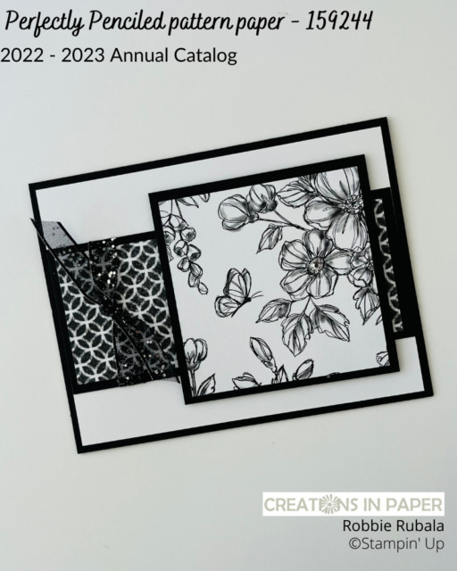 We all have that little black dress that is our go to. Why not have the same idea with our papercrafting. The Stampin' Up Perfectly Penciled Pattern Paper is great paper for creating black and white cards like this one. Get all the details and use your black and white paper to make your card.