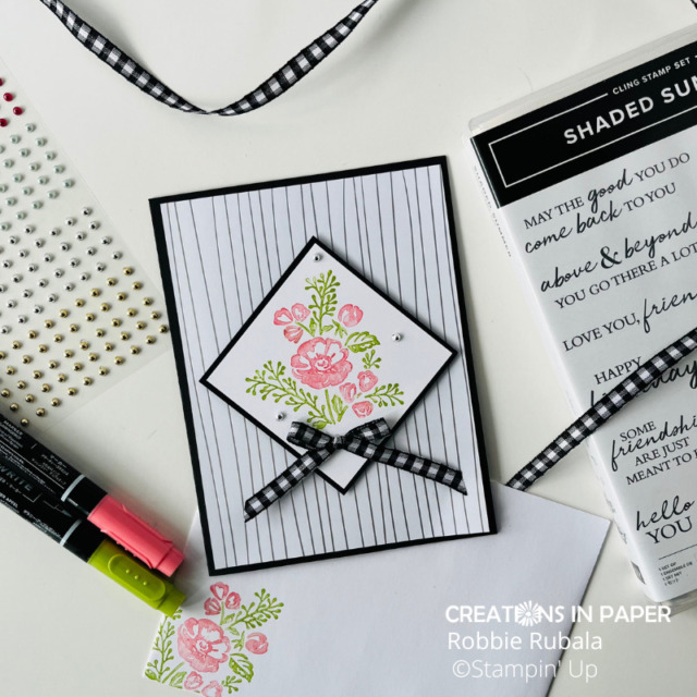 This beautiful card uses the silver foil paper from Sale-a-bration.  I love the silver pearls and the black and white gingham bow that completes the Stampin' Up Shaded Summer Classic creation.