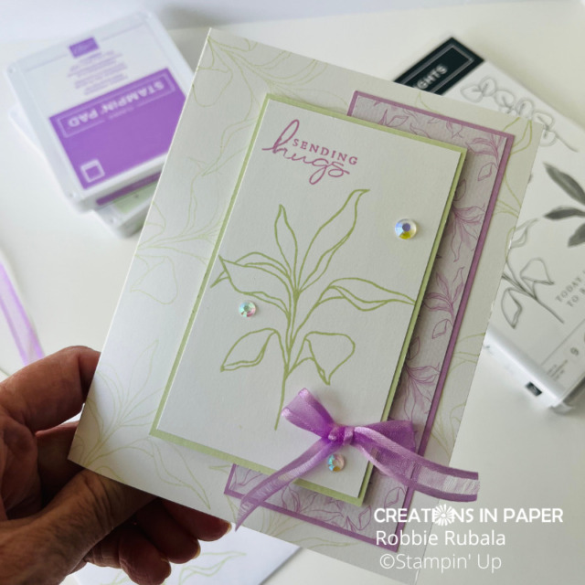 Look at how I used the image stamp to create a soft background for the card base. The Stampin' Up Splendid Thoughts Sending Hugs card is so pretty in soft colors.