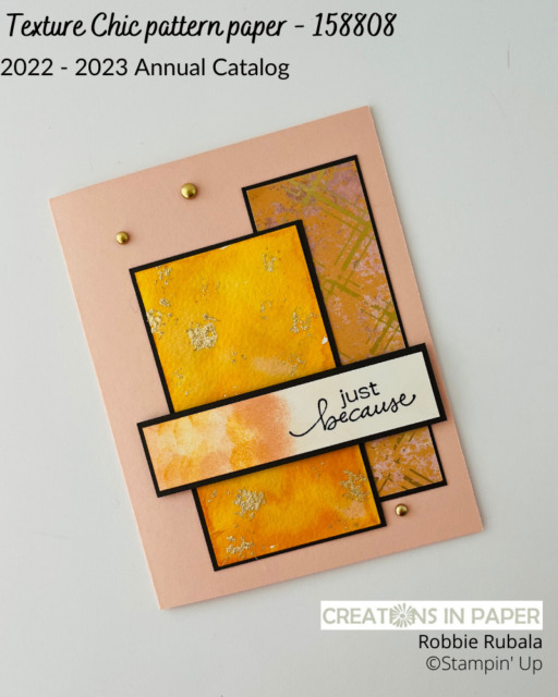 Look at how I mimicked the pattern paper on the front panel.  I even added the gold accents.  Watch the video showing how the Stampin' Up Texture Chic with gilded leafing creation created.  Click the photo.