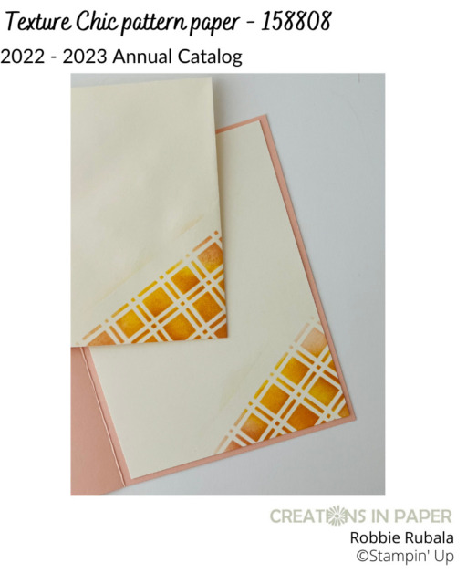 The card front uses some pattern paper.  I used the Artistic Mix stencils to decorate the inside and envelope.  Watch the video showing how the Stampin' Up Texture Chic with gilded leafing creation was created.  Click the photo.