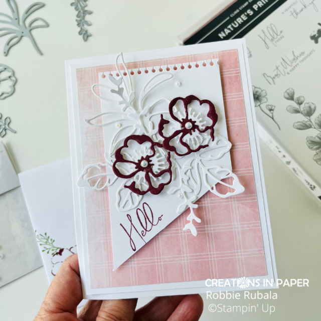 Look at all the die cuts on the card front and how they create a beautiful focal image.  The Angled Panel using Stampin' Up Nature's Prints bundle card is a perfect feminine idea.