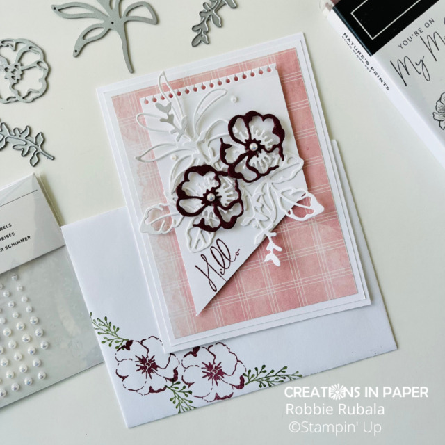 When using die cuts look for stamps that match to use for the inside of your card and envelope. The Angled Panel using Stampin' Up Nature's Prints bundle card used different stamp sets to add an image to both.