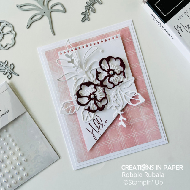 Look at how that angled edge adds interest to this card front.  The Angled Panel using Stampin' Up Nature's Prints bundle card is a beautiful feminine idea.