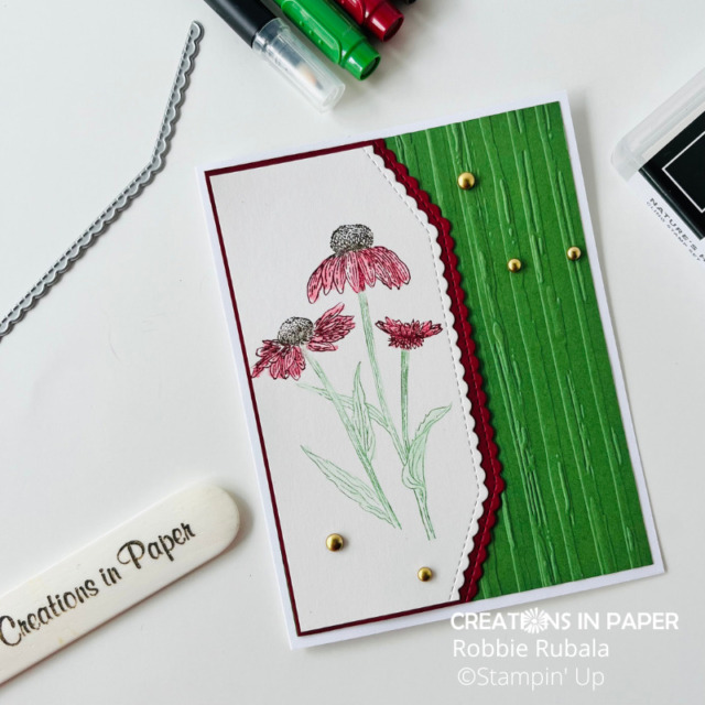 Are you ready to shift your card making to Fall ideas?  Check out this Fall card idea with Stampin' Up Nature's Harvest.  Love the decorative edge to the image panel as well as the embossed background!