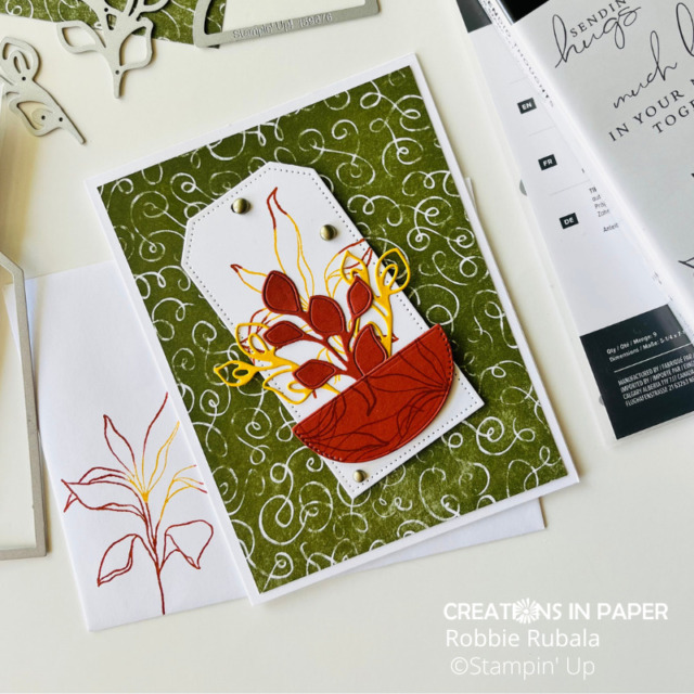 The background image on the card front is perfect for decorating the inside of the card and the envelope.  This Stampin' Up Splendid Thoughts in Fall Colors is saying it is ready for Fall!