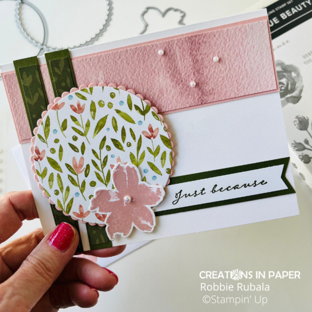 Notice how the Stampin' Up Awash in Beauty pattern paper makes this card.  Check out this suite and use it to create beautiful feminine cards.