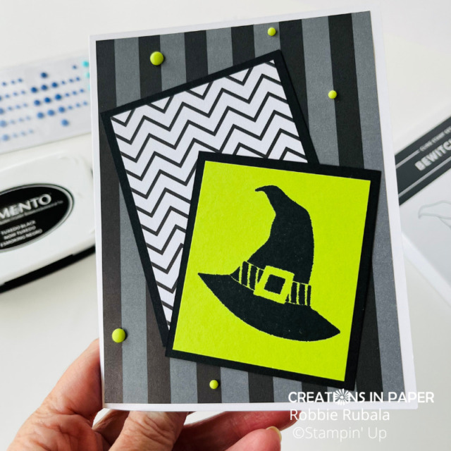 Do you love how dark the witch's hat is?  I used a stamping platform to be able to stamp the image multiple times.  The Stampin' Up Bewitching - Week 6 idea is a fun card!