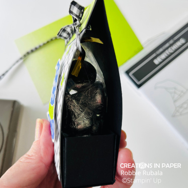 Look at those goodies inside the Stampin' Up Bewitching Bundle treat holder!  So easy to make with a box to hold the cello bag of treats.  Don't miss the products used for this adorable idea!