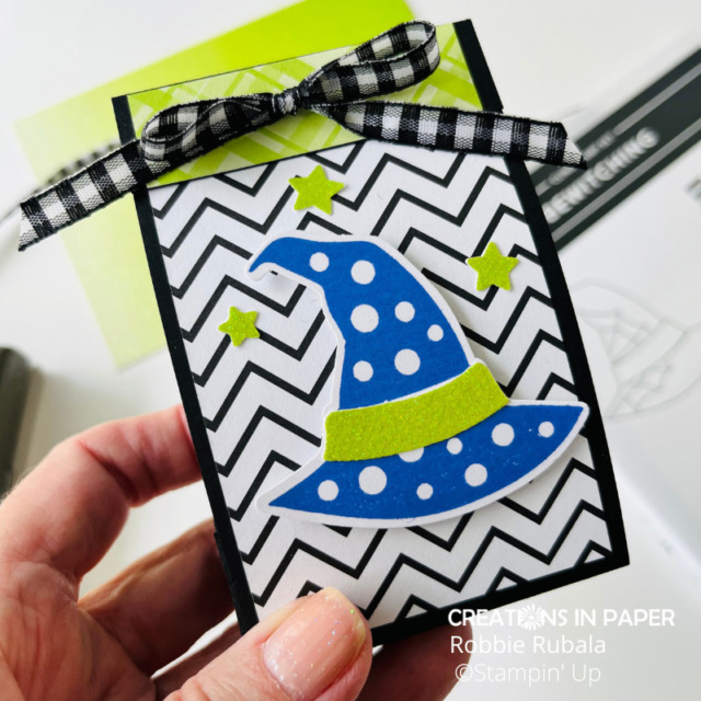 Check out the bright colors and fun patterns.  The Stampin' Up Bewitching Bundle treat holder is super cute.  Imagine the look on the recipients face when you give them this fun little box of chocolates!