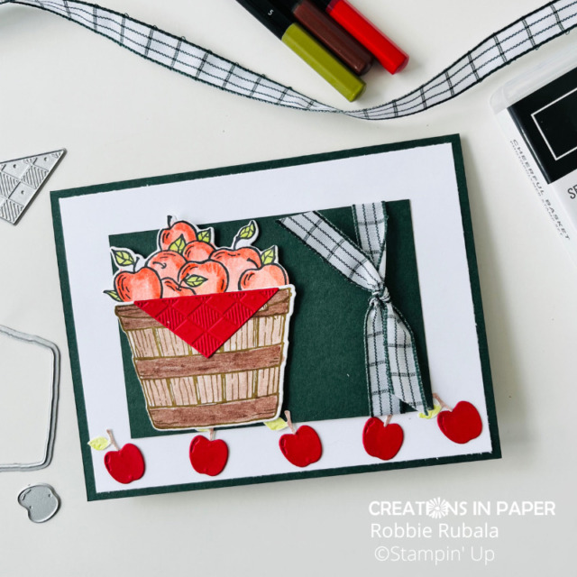 Look at those cute apples I used for the border at the bottom of this card.  The Stampin' Up Cheerful Basket card is a simple layout and a great Fall idea.