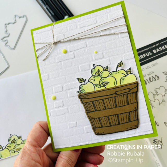 Check out how the Brick & Mortar embossing folder goes so well with the big basket of apples.  I pulled out some of my other products to use in creating the Stampin' Up Cheerful Basket Mix & Match idea.  See what products I used on this card so you can create your version.