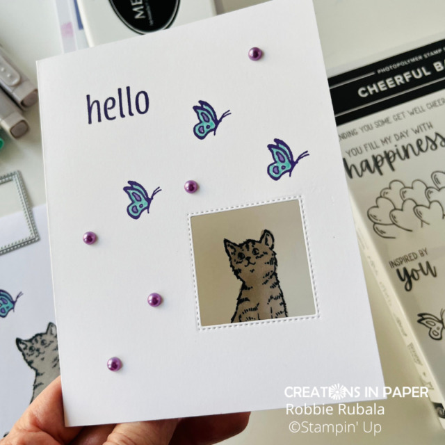 The Stylish Shapes dies are perfect for cutting the window out of the card front.  What other animal could you put inside your window for the Stampin' Up Cheerful Basket clean & simple idea?