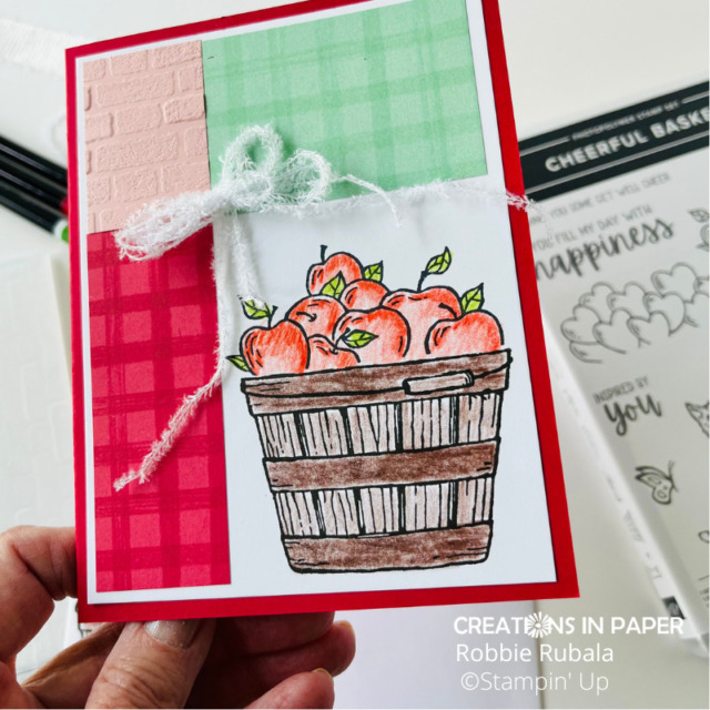 Don't you love that fuzzy ribbon?  You would be surprised where it came from.  Get all the details for the Stampin' Up Cheerful Basket color block idea and what I used for the ribbon by clicking through.