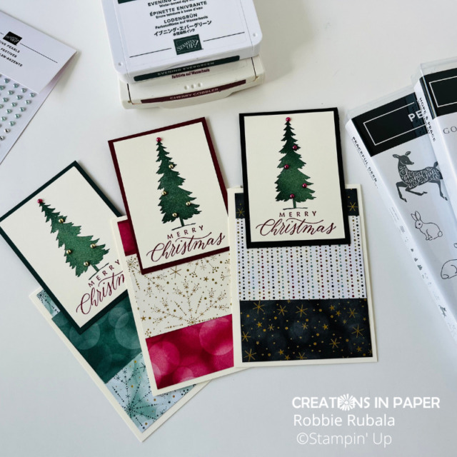Have you made a slimline card yet?  I made this one which is shorter than the normal slimline.  Much easier as you don't have as much space to decorate.  See the video for the Stampin' Up Lights Aglow pattern paper cards.