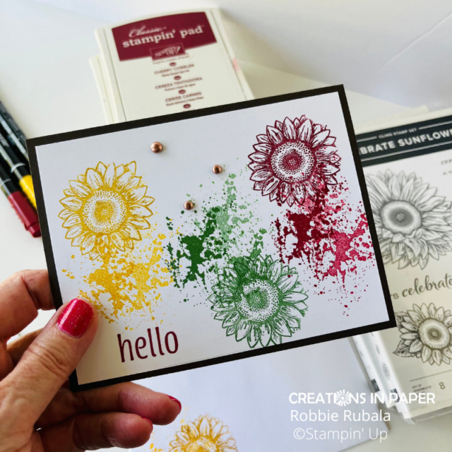 I love how the splatters create the perfect background for the sunflowers.  Watch the video to see how to make the Stampin' Up one layer Celebrate Sunflowers idea.  Get all the details by clicking the image.