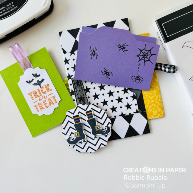 Tags used for the front pockets of the 3 Pocket Card using Stampin' Up Black and White designs pattern paper.