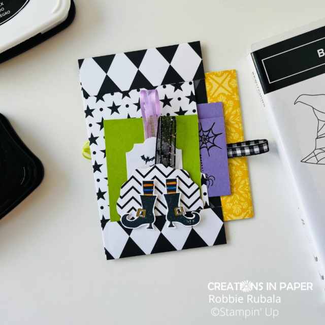 Card front for the 3 Pocket Card using Stampin' Up Black and White designs pattern paper