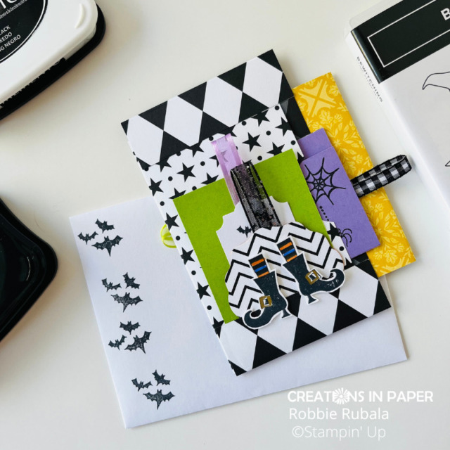 Decorated envelope for the 3 Pocket Card using Stampin' Up Black and White designs pattern paper