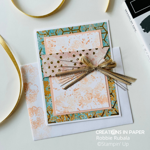 The background is the perfect accent for a fun ribbon idea using the Gold Shimmer Ribbon from Stampin' Up! 